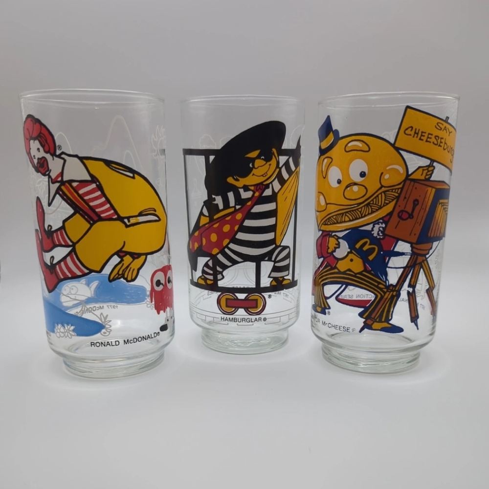 Vintage McDonald's Promo Glasses 1977 Hamburglar, Ronald And Big Mac Set Of 3
